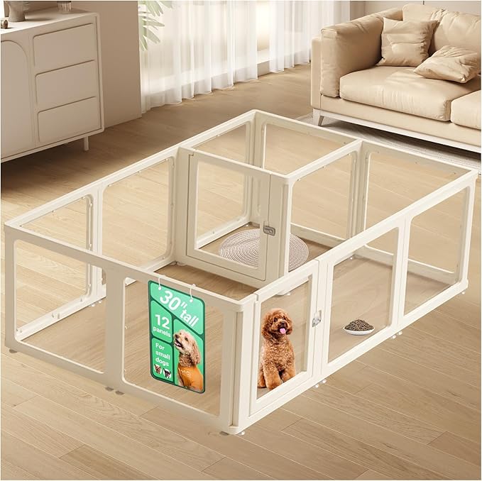 Transparent 12-Panel Dog Playpen, Acrylic Indoor/Outdoor Puppy Pen for Small & Medium Dogs, 30 Inch with Door, White(Fully Transparent 74 * 50 Two Rooms,30 inch)