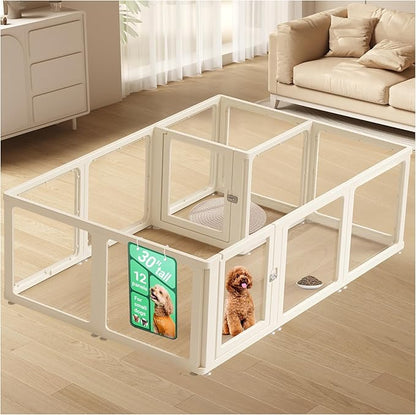 Transparent 12-Panel Dog Playpen, Acrylic Indoor/Outdoor Puppy Pen for Small & Medium Dogs, 30 Inch with Door, White(Fully Transparent 74 * 50 Two Rooms,30 inch)