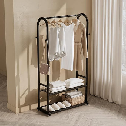 Heavy Duty Clothes Rack,Sturdy Metal Garment Racks for Hanging Clothes,Clothing Racks with bottom shelves & 6 Hooks,Multi-Functional Closet Rack for Bedroom Living room