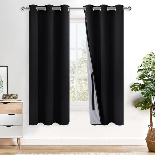 XWZO 100% Blackout Window Curtains - Thermal Insulated & Noise Reduction Black Liner Ring Top Window Treatment Sewn with Tiebacks for Bedroom/Living Room, Black, W38 x L63, Set of 2