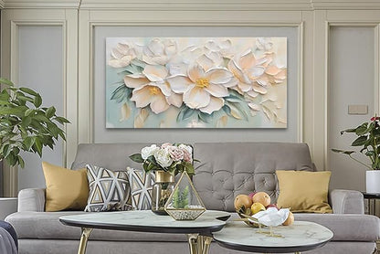 Anolyfi White Textured Flowers Canvas Wall Art for Living Room, Modern Aesthetic Sage Florals Painting Wall Decor for Christmas Gift Hallway Bedroom Dining Room Office Home Decor 40"x20"