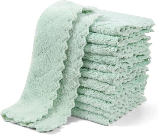 UMANI 12 Pack Kitchen Dish Cloths, Ultra Soft Absorbent Quick Drying Dish Towels, Nonstick Oil Microfiber Cleaning Cloth, Machine Washable Coral Fleece Cleaning Rags (Green)