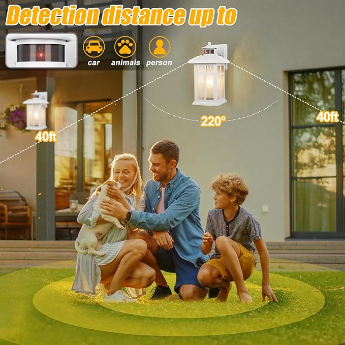2 Packs Motion Sensor Outdoor Lights, Outside Light Fixtures for House White, Porch Lights Outdoor 2- Pack with E26 Sockets & Tempered Glass, Waterproof Exterior Wall Lights Motion Sensor