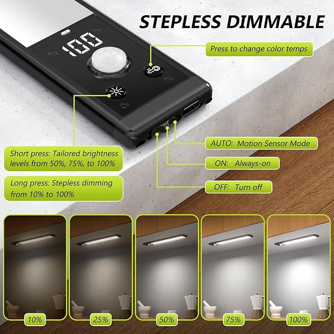 Under Cabinet Lights with Digital Display,52 LED Rechargeable Motion Sensor Light Indoor,3 Color Temperatures, Magnetic Dimmable Closet Lights, Under Counter Light for Kitchen, Stairs,2-Pack