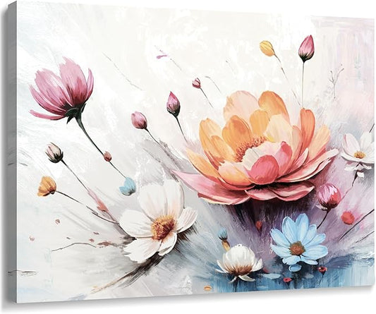 Amatop Canvas Wall Art Abstract Botanical Decor Pink White Blue Orange Colorful Flower Bouquet Print Small Size Art Work For Wall Decor Nature Landscape Canvas Picture For Bedroom Bathroom Office Dining Room 16X12In