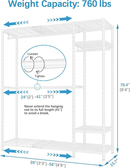 VIPEK X20 Expandable Metal Clothing Rack Adjustable from 3'3" to 4'8" Heavy Duty Garment Racks with Adjustable Shelves and Hanger Rods Portable Wardrobe Open Closet Rack System, White