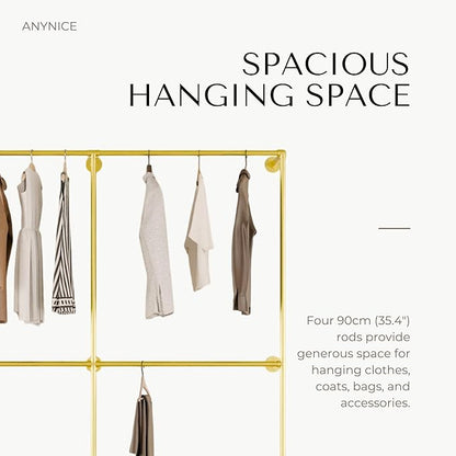Industrial Pipe Clothing Rack, Heavy Duty Wall Mounted Clothes Rack, Retail Display Hanging Garment Rod for Laundry Rooms Closet Storage, 14.6x75x82.7 Inches, Model K09 Gold
