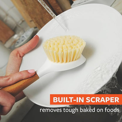 Full Circle Be Good-Bamboo Handle Dish Brush–Sustainable Kitchen Cleaning with Tough Bristles-Natural Dish Scrubber,Nonstick & Cast Iron Cleaner-Long Handle Brush for Dishes,Pots, and Pans,White
