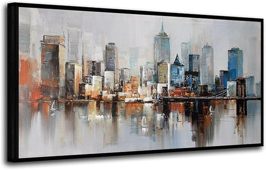 Arjun NYC Skyline Wall Art Framed Canvas Modern New York Abstract Cityscape Painting, Brooklyn Bridge Textured Picture for Living Room Bedroom Home Office Wall Decor, Large Black Wood 40"x20"