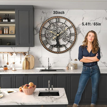 Micasso Non-Ticking Large Wall Clock: 30Inch Tree of Life Metal Black with Solid Wood Frame - Battery Operated Silent Clock for Office/Bedroom/Kitchen - Idea for Fashion-Conscious
