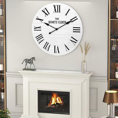 ARTPOWER Large Farmhouse Wall Clock, 35.5” Shiplap Wall Clock with Roman Numeral, Nearly Non-Ticking, Round Wall Clocks for Living Room Decor, Office, Bedroom, Entrance, White