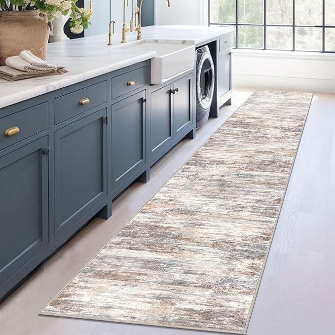 KOZYFLY Modern Abstract Runners for Hallways 2x12 Washable Rug Runner Non-Slip Soft Striped Kitchen Runner Rug, Multi Grey Print Carpet Runner for Entryway Bathroom Laundry Room Foyer