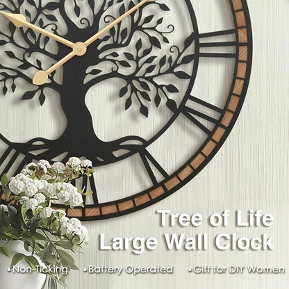 Micasso Non-Ticking Large Wall Clock: 27Inch Tree of Life Metal Black with Solid Wood Frame - Battery Operated Silent Clock for Living Room/Office/Bedroom/Kitchen - Home Decor for Porfessional