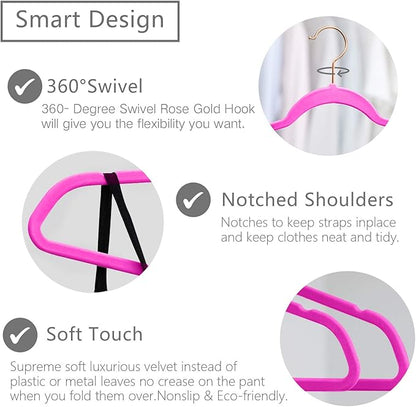 MIZGI Premium Velvet Hangers (Pack of 50) Heavyduty - Non Slip - Velvet Suit Hangers Pink - Copper/Rose Gold Hooks,Space Saving Clothes Hangers