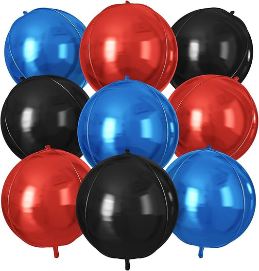 Red Blue Black Round Foil Balloons 9 pcs,Metallic Giant 4D Round Balloons 22 Inch for Birthday Baby Shower Kids Boys Party Decorations