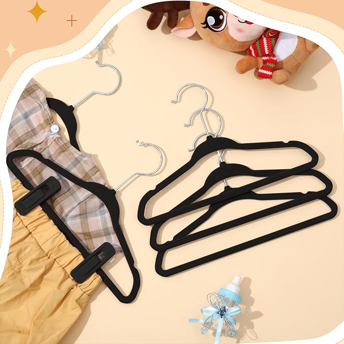 Soaoo 50 Pcs Baby Velvet Non-Slip Hangers with Clips,100 Clips for Pants & Skirts, Space-Saving Kids Children Clothes Hangers for Nursery Closet Organization(Black)