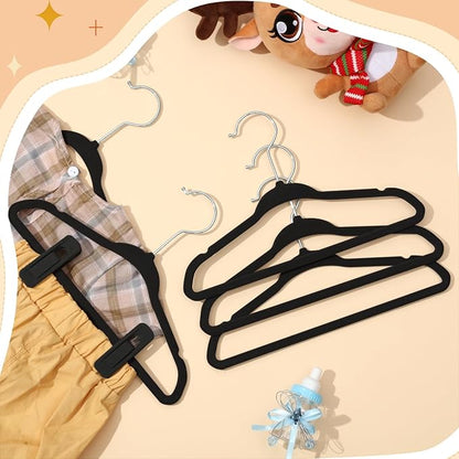 Soaoo 50 Pcs Baby Velvet Non-Slip Hangers with Clips,100 Clips for Pants & Skirts, Space-Saving Kids Children Clothes Hangers for Nursery Closet Organization(Black)