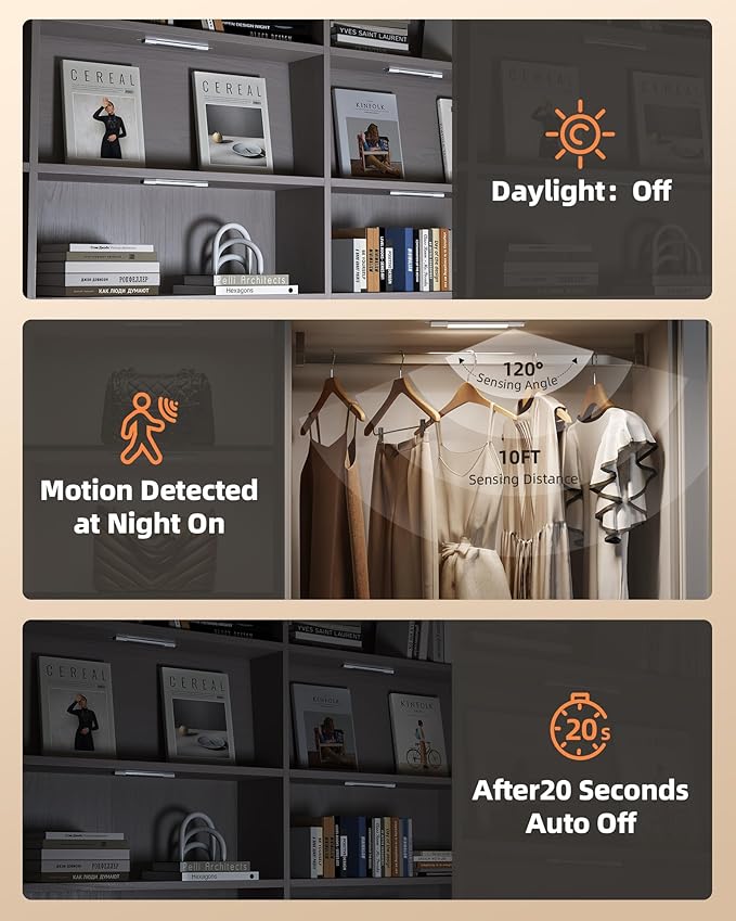 EZVALO 6 Pack Led Under Cabinet Lighting Wireless with Charging Station, 7’’Rechargeable Motion Sensor Light Indoor, 3 Color Dimmable Motion Activated Cabinet Lights for Kitchen Bookshelf, Stair