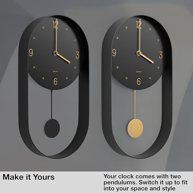 Driini Modern Pendulum Wall Clock - Decorative and Unique Metal Frame, with 8 Inch Face - Contemporary, Minimalist Design, with Silent Battery Operation - Includes Both Black and Gold Pendelum