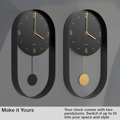 Driini Modern Pendulum Wall Clock - Decorative and Unique Metal Frame, with 8 Inch Face - Contemporary, Minimalist Design, with Silent Battery Operation - Includes Both Black and Gold Pendelum