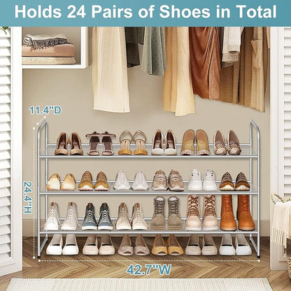 AOODA 3-Tier Long Shoe Rack for Closet Metal Wide Shoe Storage Organizer for Entryway, Bedroom, Floor, Holds 24 Pairs Men Sneakers Stackable Boot Shelf with Wire Grid, Grey