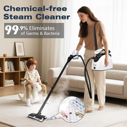 Steam Cleaner with 21 Specialized Attachments, 1.08-Liter Water Tank, 248°F High-Temperature Steam, Suitable for Floors, Tiles, Carpet, and Kitchen Surfaces, Enables Chemical-Free Cleaning (White)