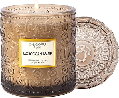 Chloefu LAN Amber Candles for Home Scented, Gifts for Women & Men, Luxury Glass Jar Candle, Natural Soy Wax, Home Decor, 55 Hours Long Burning, 8.1 oz