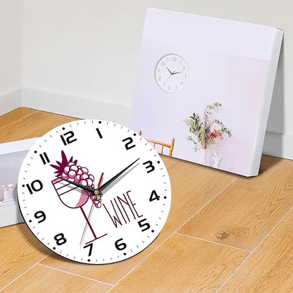 Wine Cup with Grapes Wall Clocks Wooden Wall Clock Art Hanging Clocks Silent Non-Ticking Wall Clock Battery Operated Round Home Arabic Numeral Decorative Wall Clocks 10 Inch