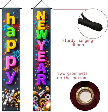 Nuxovilar Happy New Year Banner, 70.86" x 11.81" Colorful Letters Black Background Hanging Decorations for Outdoor Indoor Home Wall
