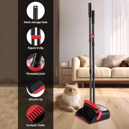 Broom with Dustpan Combo Set, Hand Broom and Dustpan Set for Sweeping Indoor Angle Broom for Home Office Kitchen Lobby Floor Pet Hair Indoor&Outdoor Cleaning (Black&Red)