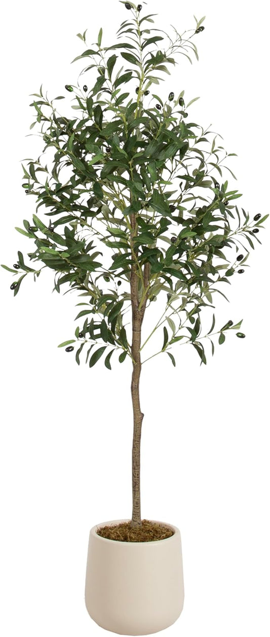Kate and Laurel Oliveira Faux Olive Tree with Jia Curved Planter Pot, 5 FT, Cream, Potted Artificial Tree Indoor with Realistic Foliage and Added Moss, Fake Plant for Living Room Decor