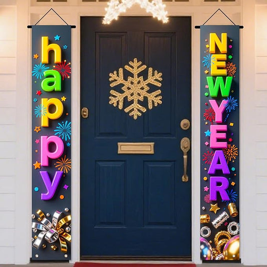 Nuxovilar Happy New Year Banner, 70.86" x 11.81" Colorful Letters Black Background Hanging Decorations for Outdoor Indoor Home Wall