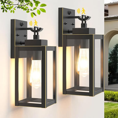 2-Pack Motion Sensor Outdoor Porch Lights, Vintage Black-Gold Dusk to Dawn Exterior Lighting Fixtures, Waterproof Wall Sconces with 3 Modes for House, Yard, Garage, Garden