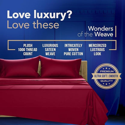 TEXAS LINEN CO. Luxury Egyptian Cotton Queen Size Sheet Set - 1000 Thread Count 4 PC Queen Sheets, Soft, Cooling Extra Long Staple Sateen Weave Bed Sheets - Fits Upto 18” Deep Pocket - Burgundy
