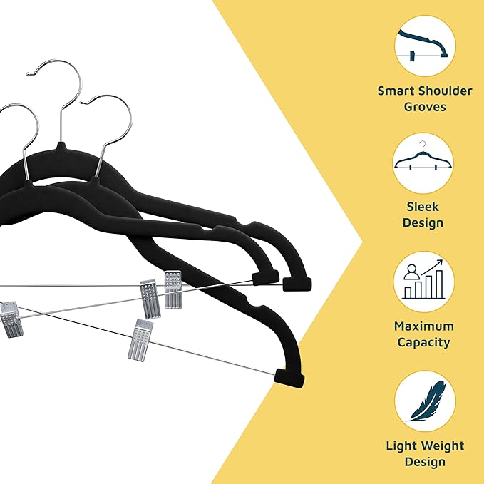 Velvet Skirt Hangers – with Adjustable Clips, 360 Degree Swivel Hook, and Non-Slip Shoulder Notch, Holds Up to 10 lbs, for Organizing Skirt, Pants, Dress, and Clothes, Pack of 20, Black