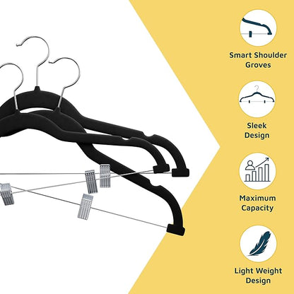 Velvet Skirt Hangers – with Adjustable Clips, 360 Degree Swivel Hook, and Non-Slip Shoulder Notch, Holds Up to 10 lbs, for Organizing Skirt, Pants, Dress, and Clothes, Pack of 20, Black