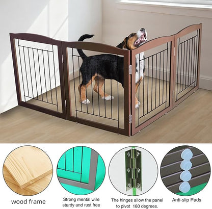 ZJSF Freestanding Foldable Dog Gate for House Extra Wide Wooden Brown Puppy Gate Stairs Dog Gates Doorways Tall Pet Gate 24 "Height 3 Panels Pet Fence