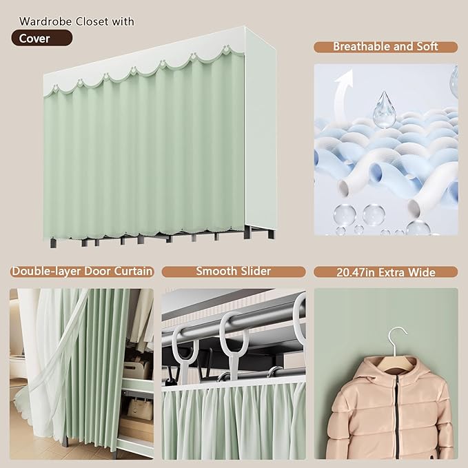 Foldable Portable Wardrobe Closet with Cover, Heavy Duty Clothing Rack for Hanging Clothes has 59in Vertical Storage Space, Coffee Metal Garment Rack (Coffee, 59.05in)