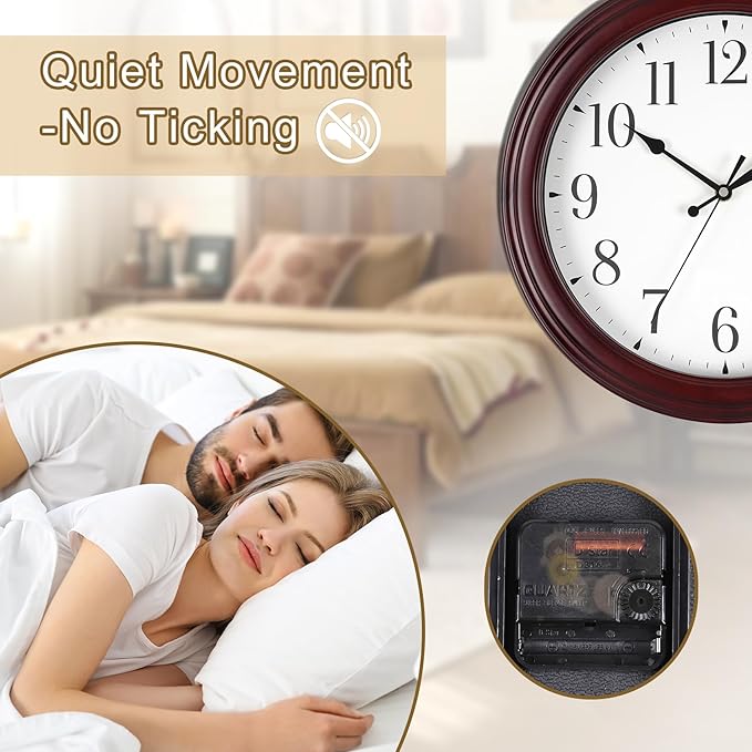 Wall Clock Wood 14 Inch Round Wooden Wall Clocks Battery Operated Non Ticking Analog Rustic Farmhouse Clock for Christmas Kitchen Living Room Bedroom