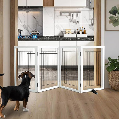 ZJSF Freestanding Dog Gate Indoor, Foldable Dog Fence for Doorways,Hallways or Stairs, Sturdy Wood Extra Wide Pet Gate with Support Feet,White,32 "Height-4 Panels