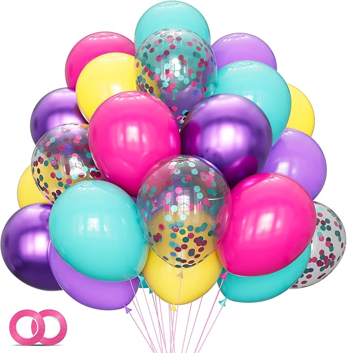 KAWKALSH Pink Blue Purple Balloon, 68 Pcs 12 Inches Hot Pink Metallic Purple Teal Yellow Balloons Confetti Balloons for Kids Magic Theme Birthday Decoration Baby Shower Engagement Party Supplies