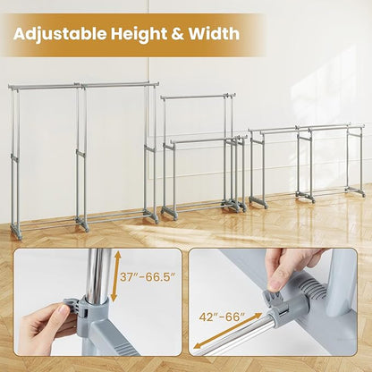 Tangkula Extendable Double Rods Garment Rack, Rolling Clothing Organizer with Adjustable Height & Width, Portable Closet Rack with Wheels, Heavy Duty Foldable Metal Clothes Rack for Bedroom & Laundry