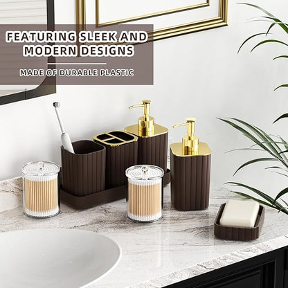 Bathroom Accessories Set - Gorgeous Bathroom Set, 10PC Brown Bathroom Accessories, Bathroom Accessory Set, Toilet Brush, Trash Can, Qtip Holder Dispenser & Soap Dispenser