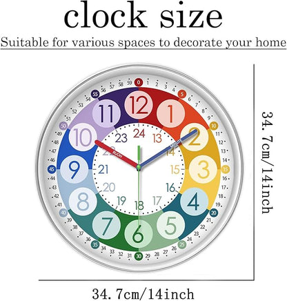 XFM Colorful Wall Clock for Kids Non Ticking Wall Clocks Battery Operated 14 Inch Small Wall Clock for Classroom
