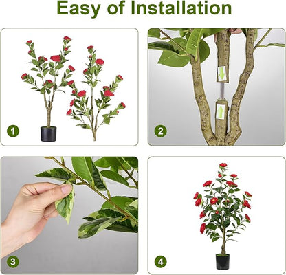 4Ft Artificial Camellia Tree 2pack, Red Silk Flowers Faux Plant for Indoor Outdoor Home Decor, Realistic Potted Greenery for Office Porch Living Room