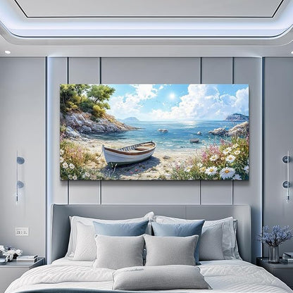 ZUITINGHUA Large Wall Decor For Living Room Canvas Wall Art For Office Modern Wall Decorations For Bedroom Seaside Boat Landscape Painting Farmhouse Pictures Artwork Room Home Decor 24x48 In