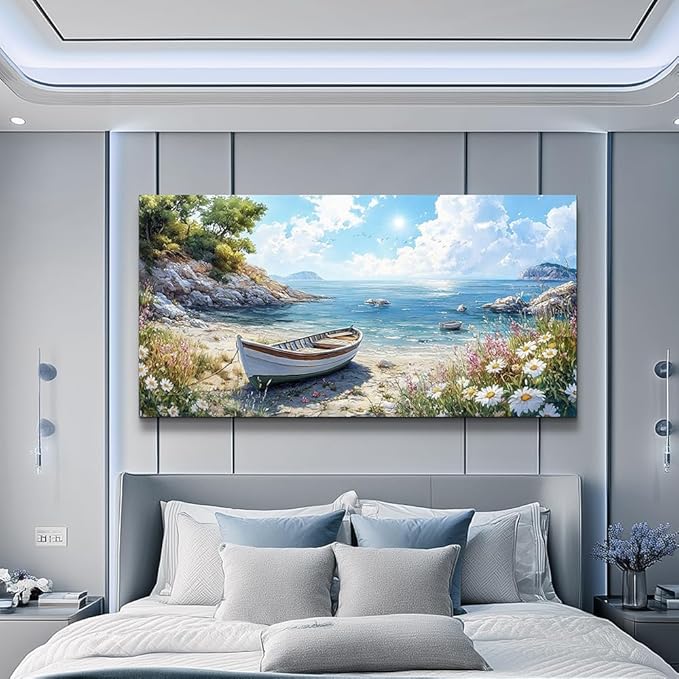 ZUITINGHUA Canvas Wall Art For Living Room Wall Decor For Bedroom Office Wall Decoration Seaside Boat Landscape Painting Farmhouse Pictures Artwork Room Aesthetic Home Decor 20x40 In