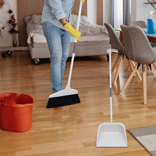 Broom and Dustpan Set Heavy Duty with Long Handle, Soft Bristle Broom and Large Dustpan for Home Cleaning, Pet Hair Removal, Indoor Floor Sweeping, White