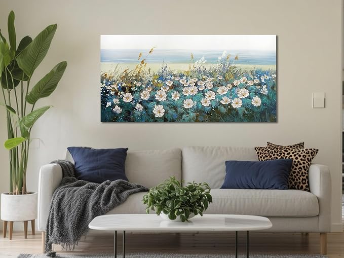 Arjun Flower Wall Art Bedroom Wall Decor Canvas White Daisy Floral Painting Landscape Picture Art Work for Living Room Wall Decor Textured Large Bathroom Office Home Dining Room, 40"x20"