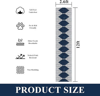 HelloTree Hallway Runner Rug，2.6x12 Moroccan Modern Stripe Carpet Washable Machine Bathroom Runner Bohemian Design Modern Soft Non Slip Indoor Rug for Entryway Hallway Laundry Room Bedroom-Blue